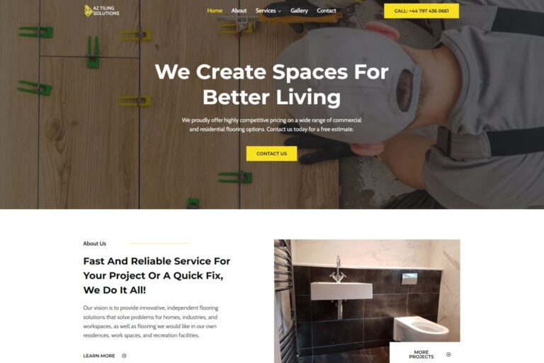 AZ Tiling Solutions website showcasing professional tiling, flooring and renovation services for residential and commercial projects, with project gallery and contact options.