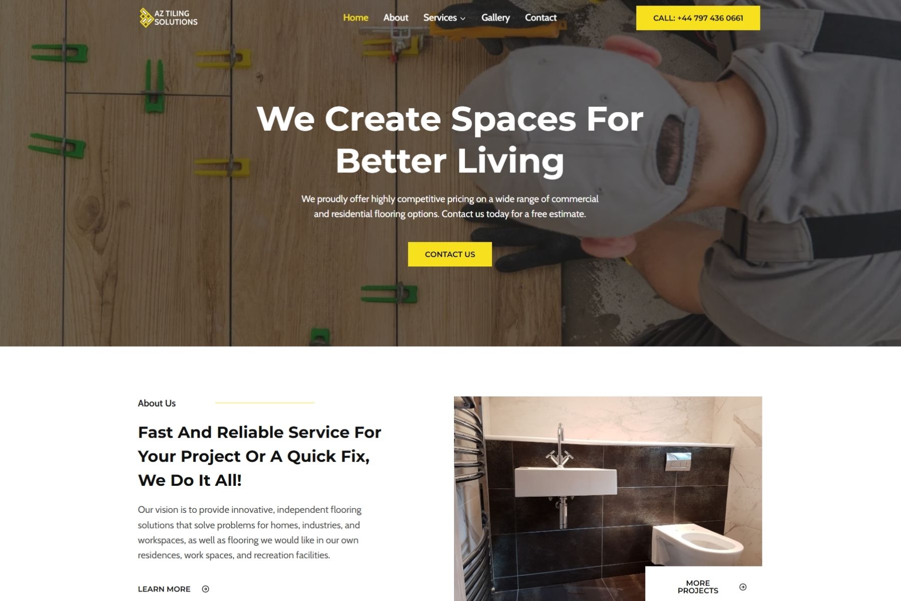 AZ Tiling Solutions website showcasing professional tiling, flooring and renovation services for residential and commercial projects, with project gallery and contact options.