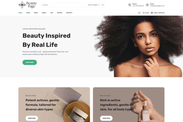 BeautyPage eCommerce website showcasing skincare, cosmetics and beauty products with product categories, special offers and online shopping features.
