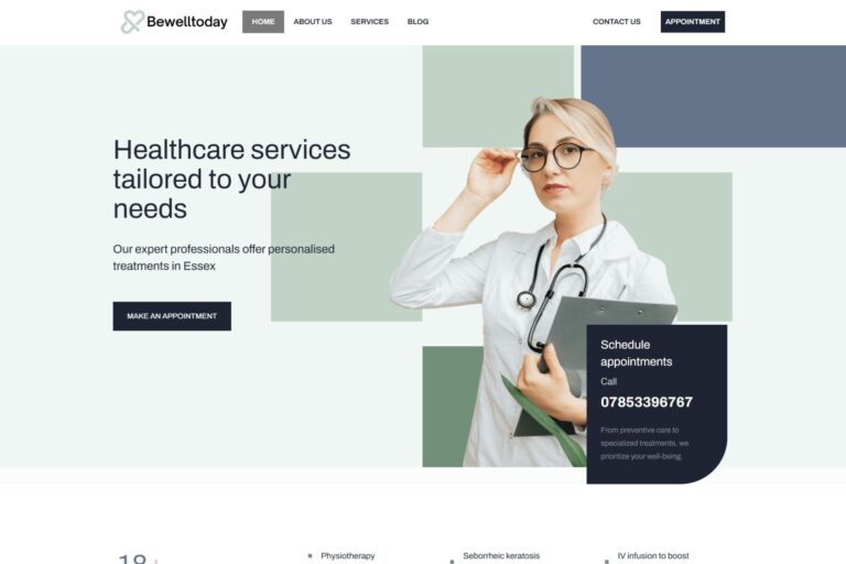 BeWellToday healthcare website showing personalised health and wellness services, online appointment booking and professional treatment information for clients in Essex.