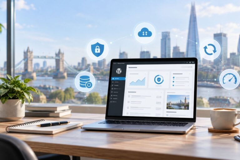 WordPress svetainės priežiūros skydelis su saugumo, atsarginių kopijų, atnaujinimų ir greičio stebėjimo rodikliais, fone – Londono panorama.