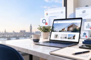 Svetainės perdarymo ir SEO problemų sprendimo koncepcija nešiojamajame kompiuteryje su Google paieškos, indeksavimo ir svetainės struktūros piktogramomis Londono fone.