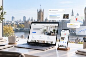 Verslo svetainė nešiojamajame kompiuteryje ir telefone su Google paieškos, atsiliepimų, žemėlapių ir augimo analitikos piktogramomis Londono fone.