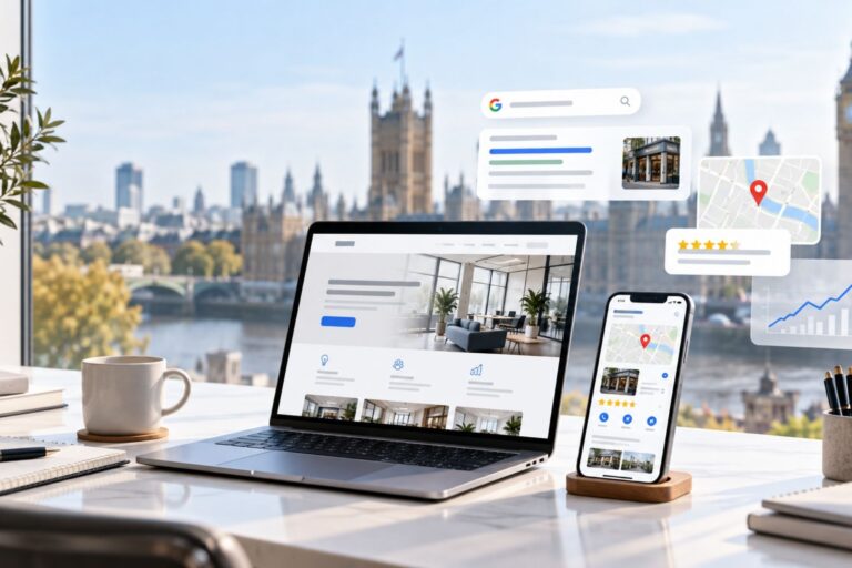 Verslo svetainė nešiojamajame kompiuteryje ir telefone su Google paieškos, atsiliepimų, žemėlapių ir augimo analitikos piktogramomis Londono fone.