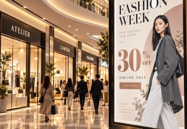 Modern shopping centre with fashion stores and a large digital advertising display promoting an online fashion sale.