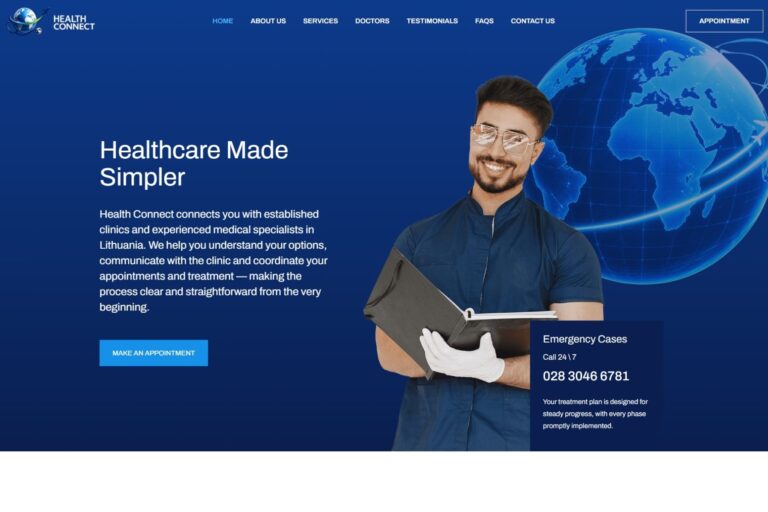 MyHealthConnect website connecting UK and Ireland patients with established clinics and medical specialists in Lithuania, including appointment coordination and treatment support.