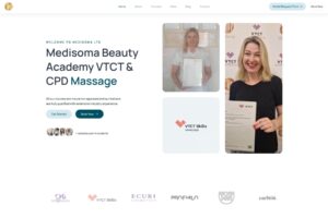 Medisoma Beauty Academy website showcasing VTCT and CPD beauty training courses, approved qualifications, student trust and online course booking.