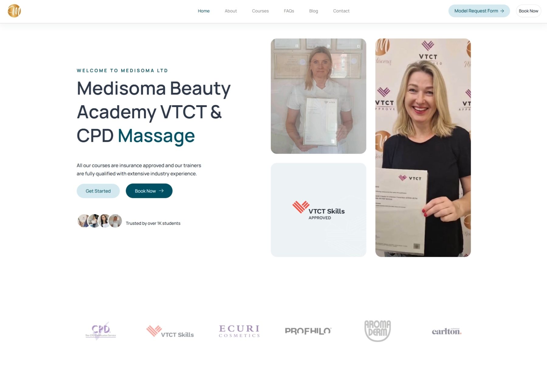 Medisoma Beauty Academy website showcasing VTCT and CPD beauty training courses, approved qualifications, student trust and online course booking.