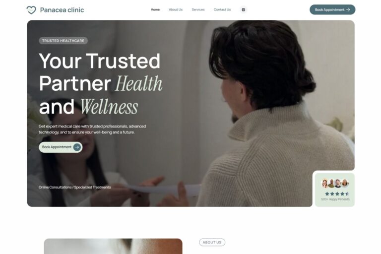 Panacea Clinic website presenting medical, aesthetic and wellness services with online consultations, specialist treatments, patient reviews and appointment booking.