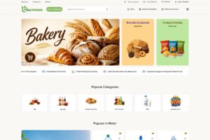Tau Foods online grocery store showing bakery products, snacks, drinks and popular food categories in a modern WooCommerce website for UK customers.