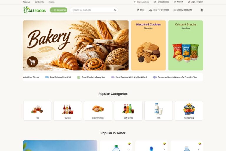 Tau Foods online grocery store showing bakery products, snacks, drinks and popular food categories in a modern WooCommerce website for UK customers.