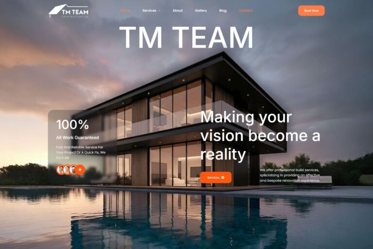 TM-Team Construction website featuring modern home renovation and building services, with service information, project gallery and booking options for customers in Essex.