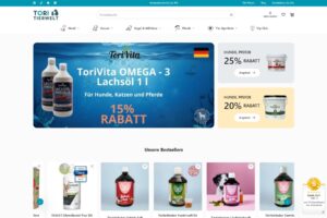 Tori Tierwelt online pet shop displaying pet food, supplements and care products for dogs, cats, birds and horses in a modern German eCommerce store.