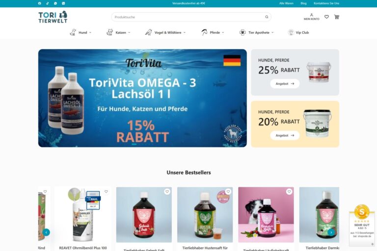 Tori Tierwelt online pet shop displaying pet food, supplements and care products for dogs, cats, birds and horses in a modern German eCommerce store.