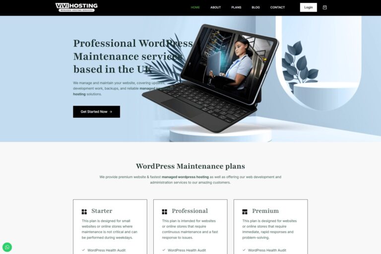 Vivihosting website showing managed WordPress hosting and maintenance services, including website updates, backups, security, performance monitoring and support plans.