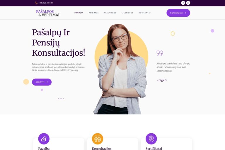 Welfare & Translation Services website showing benefits and pension consultations, document support, social housing assistance and professional advice for Lithuanian-speaking clients in the UK.